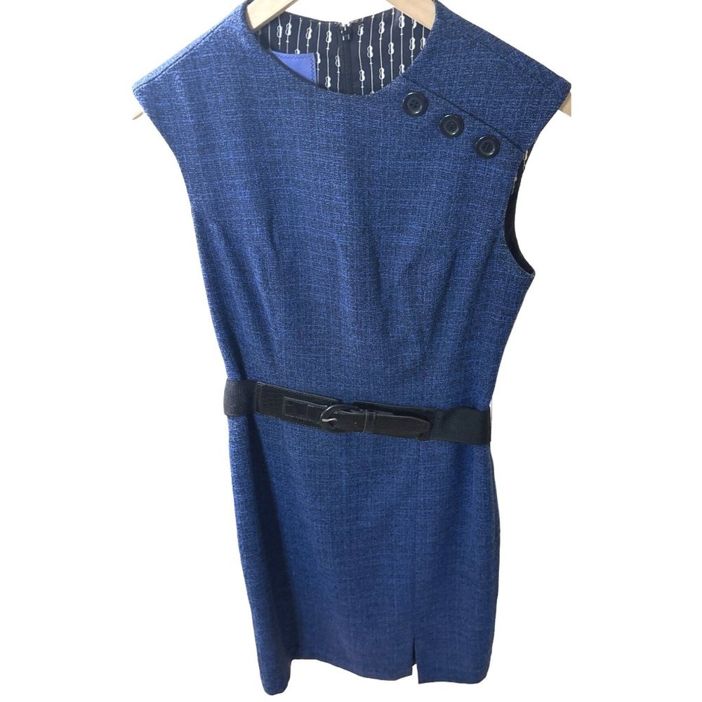 Kay Unger Blue Black Light Tweet Dress with matching faux leather & elastic belt